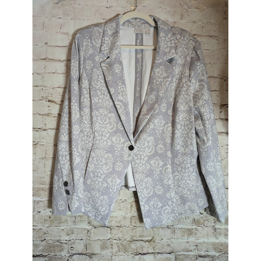 LOGO Lori Goldstein Blazer XL Light Gray Floral One Button Stretchy Heavy Pocket